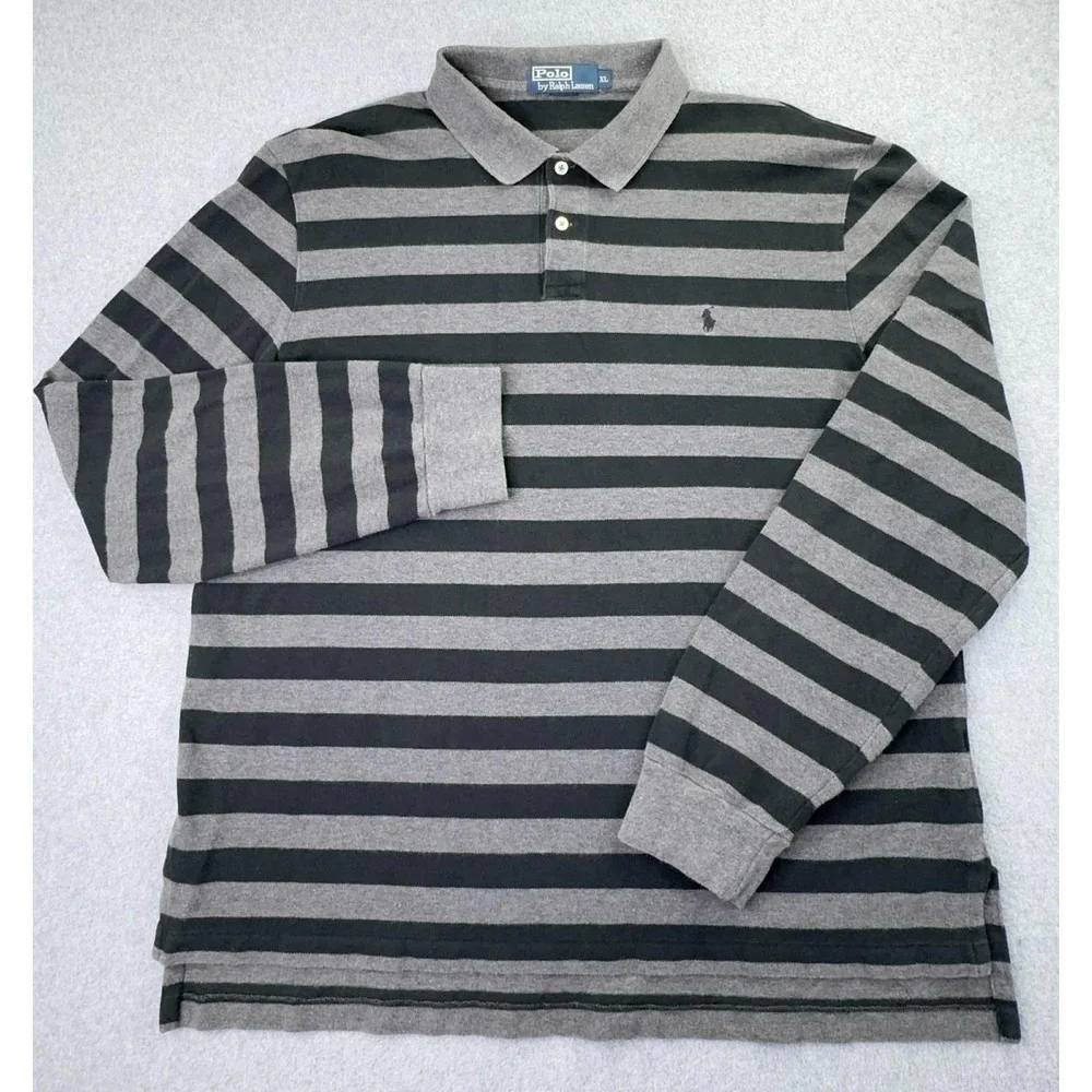Polo Ralph Lauren Striped Polo Shirt Men's Size XL Long Sleeve Black Gray Stripe - Picture 2 of 8
